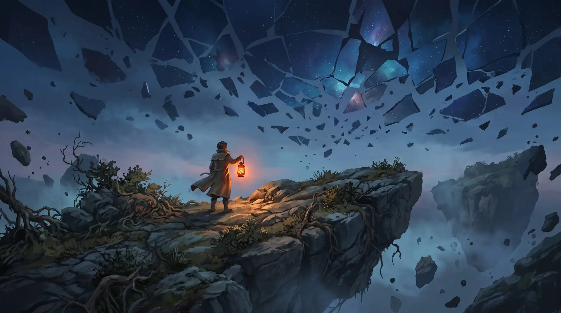 Key art from the demo game Aurvane: a traveller with a lantern under a shattered sky