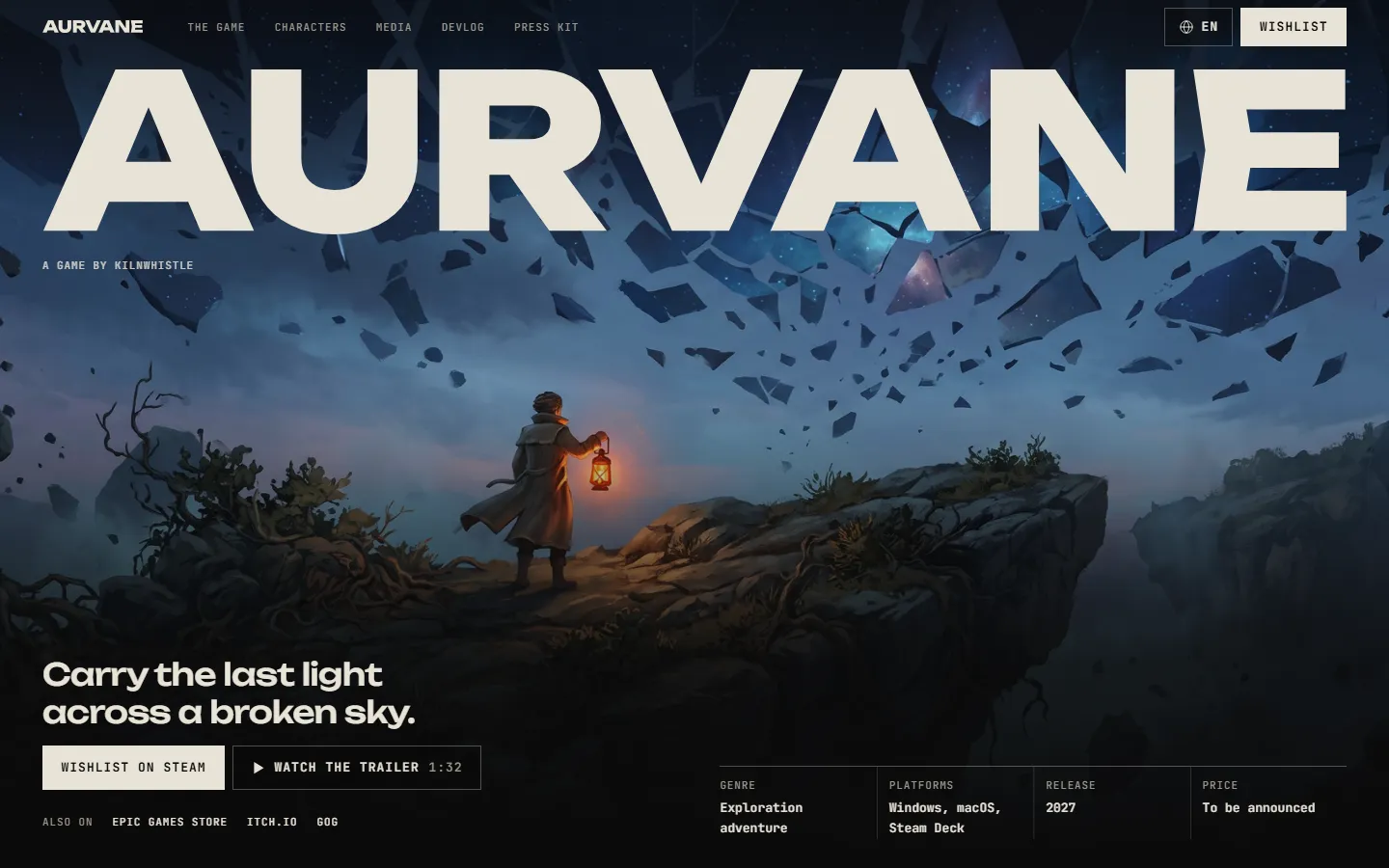 Embargo home page for the demo game Aurvane, with the game name as a full-width wordmark over key art