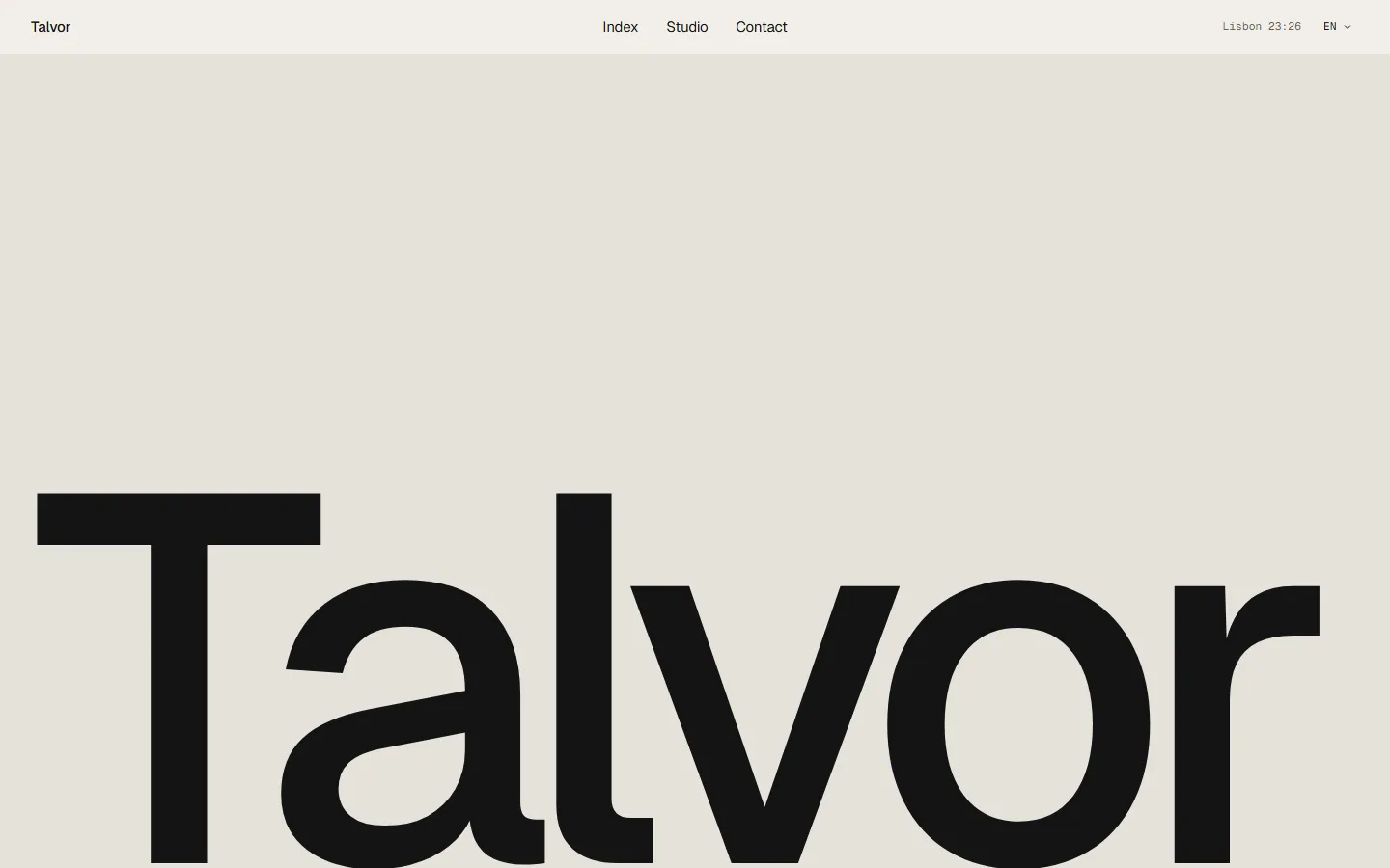 Spread home page for the demo studio Talvor, with the studio name set large on a paper background