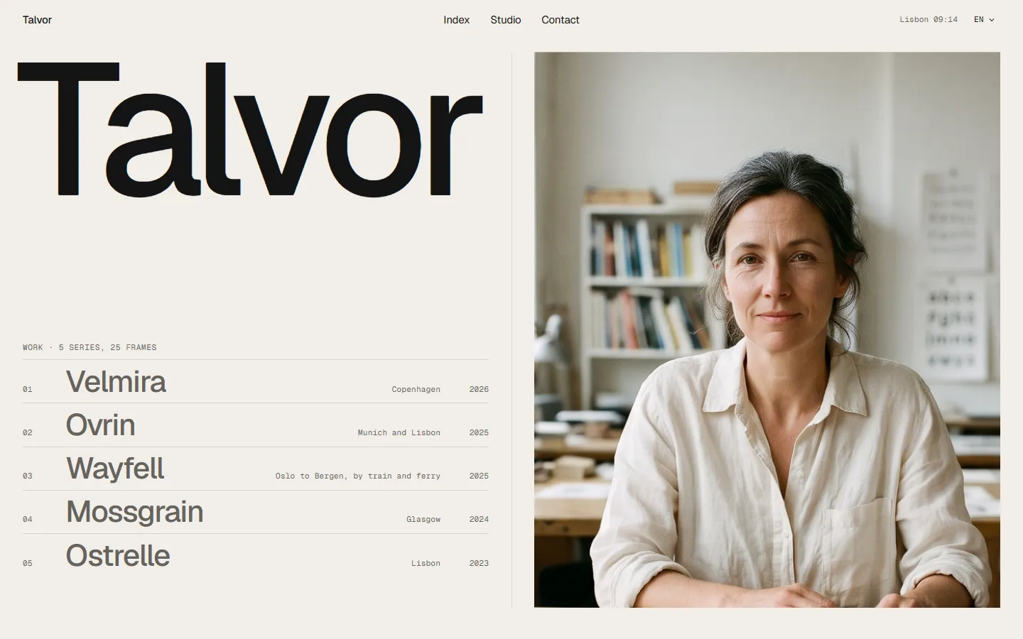 Spread home page for the demo studio Talvor: the studio name, a list of five series and a portrait of the founder