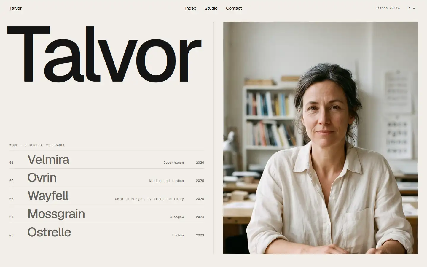 Spread home page for the demo studio Talvor: the studio name, a list of five series and a portrait of the founder